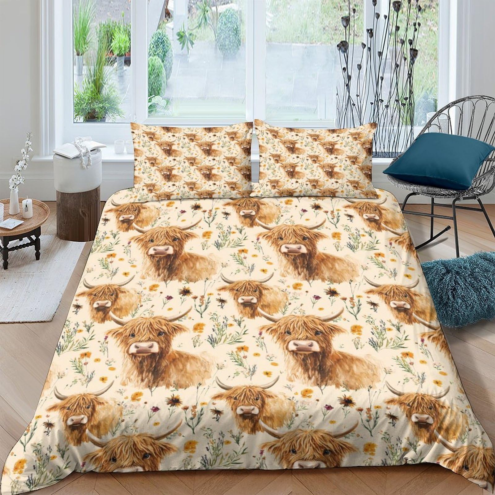 Ctjqhvkz Style-3 3D Printed Highland Cow Fitted Sheet Microfiber Soft Breathable Floral Meadow Mattress Cover For Bedroom Decor Single（135X200cm）
