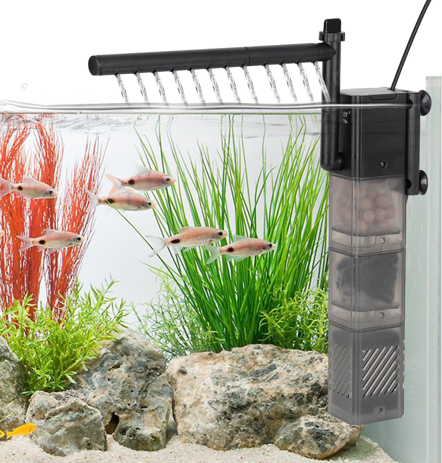 Aquarium Filter DC 5V Multiple Function Power Quiet Fish Tank Filter with Rainfall Aeration 3-Stages Filtration Adjustable Submersible Internal Fish Filter for 2-13 Gallon Small Tank