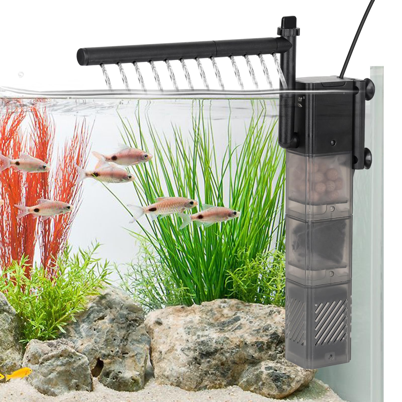 hyggerAquarium Filter DC 5V Multiple Function Power Quiet Fish Tank Filter with Rainfall Aeration 3-Stages Filtration Adjustable Submersible Internal Fish Filter for 2-13 Gallon Small Tank