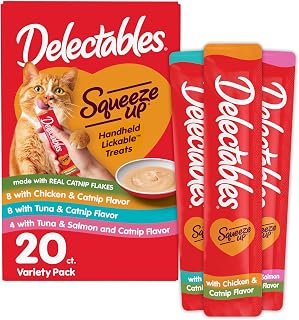 Hartz Delectables Squeeze Up Catnip Variety Pack - Grain-Free Lickable Wet Cat Treats, Creamy Puree, 20 x 0.5oz Tubes