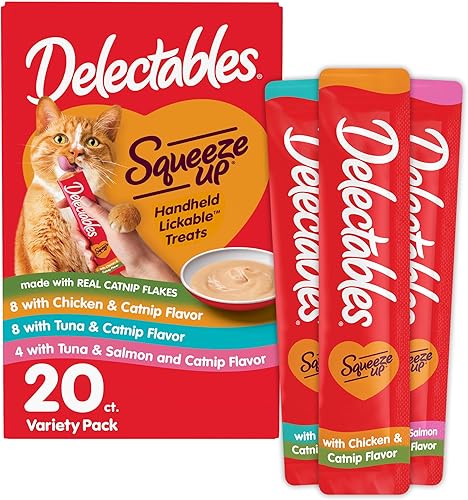 Miniatura 1 de Delectables Squeeze Up - Paquete variado de hierba gatera, puré cremoso exprimible, golosinas húmedas para lamer para gatos, sin granos, sin