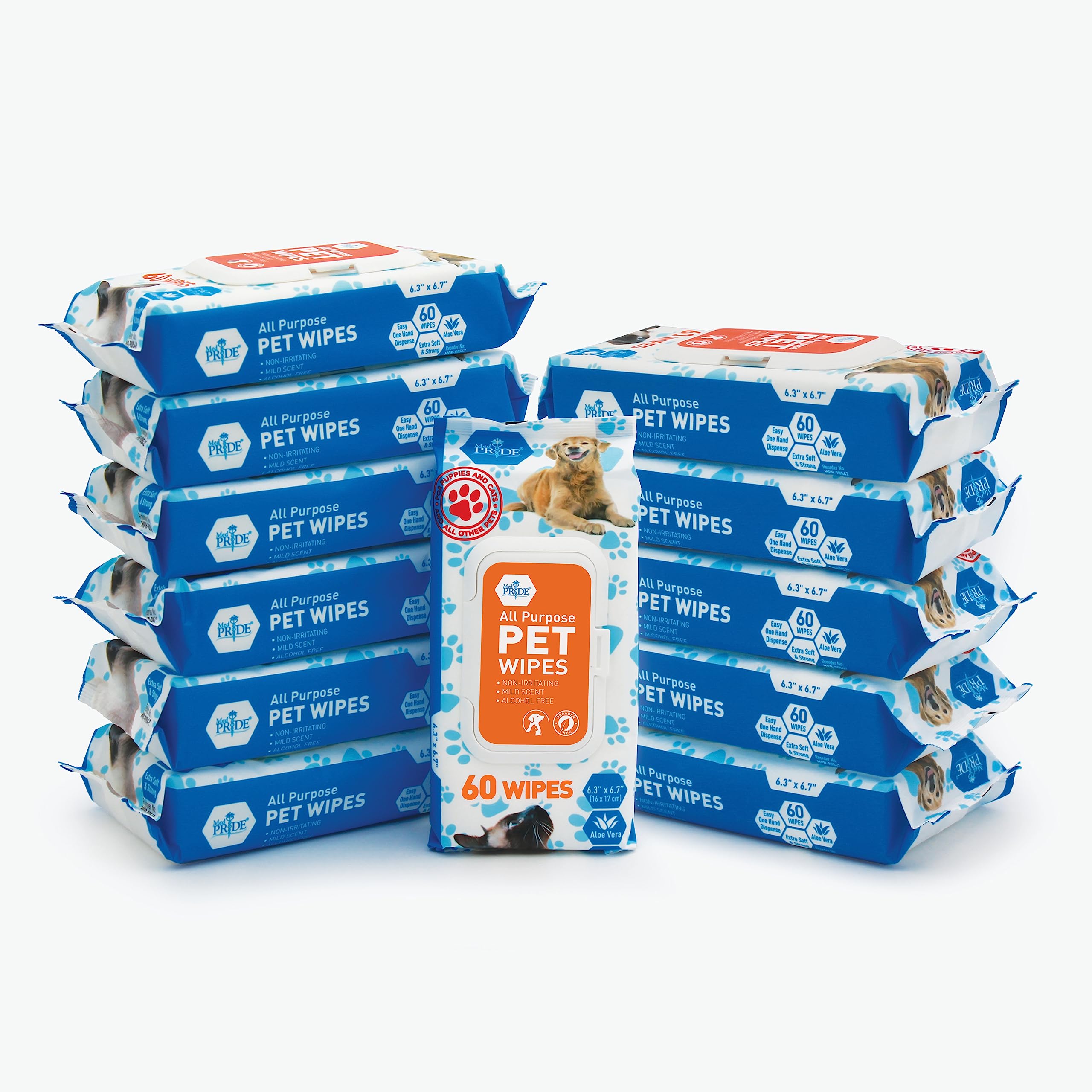 MED PRIDE Hypoallergenic Cat Wipes for Bathing and Cleaning with Aloe Vera Alcohol and Paraben-Free Extra Soft Cat Cleaning Wipes for Fur (12 Packs of 60)