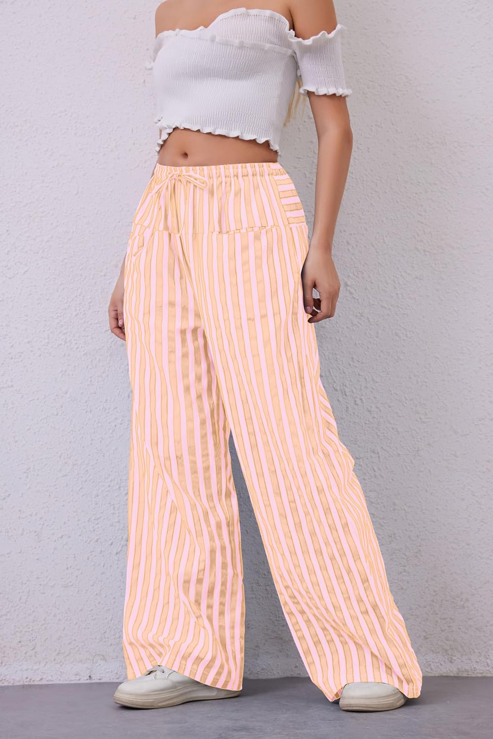 Women Drawstring Stripe Wide Leg Casual Trousers Striped Low Rise Casual Loose Lounge Pants with Pockets - Image 4