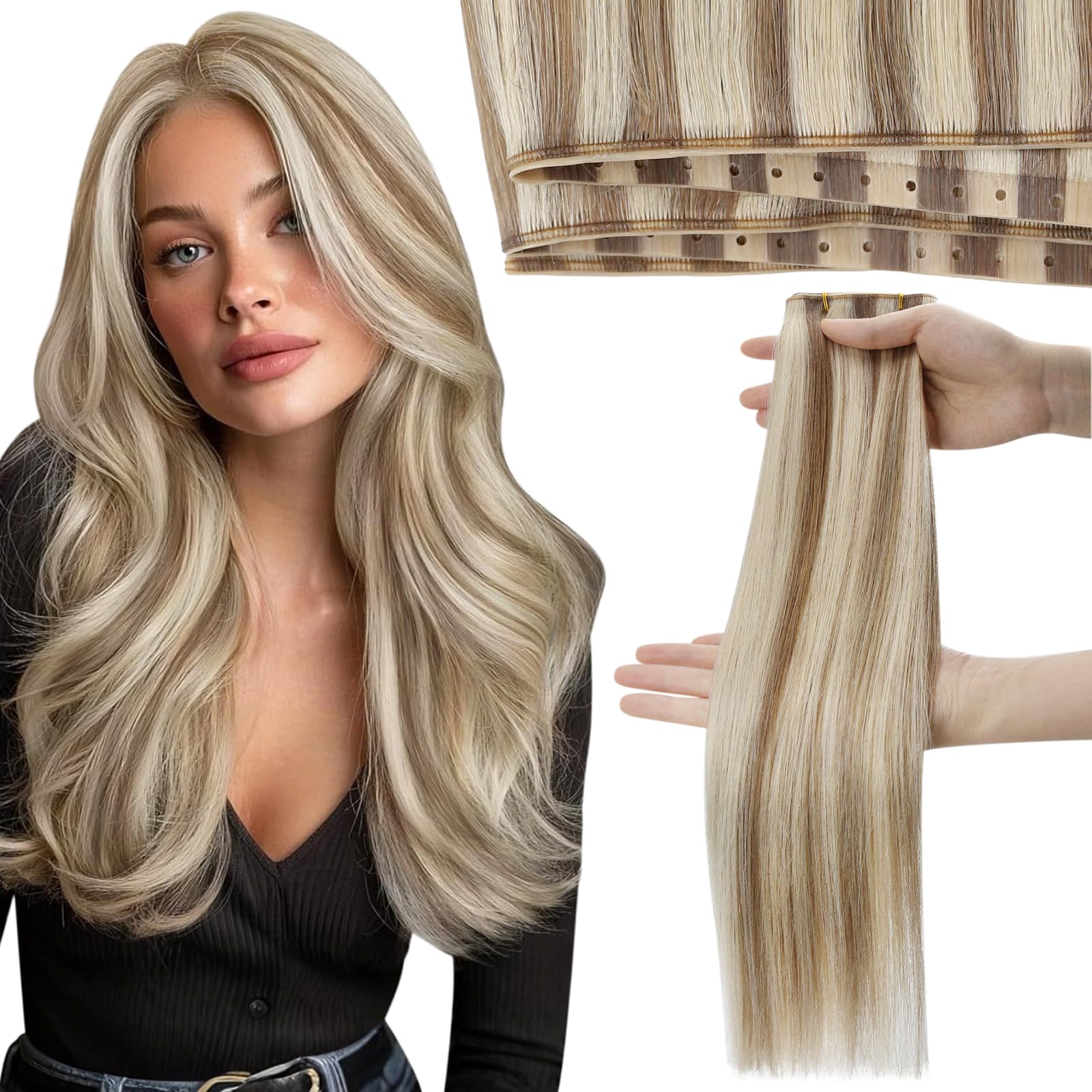 Moresoo Butterfly Weft Hair Extensions Remy Human Hair Ash Blonde Highlight Bleached Blonde 18 Inch OVO Weft Hair Extensions Human Hair Ash Blonde Highlight 100g/pack #18/613 — view 40