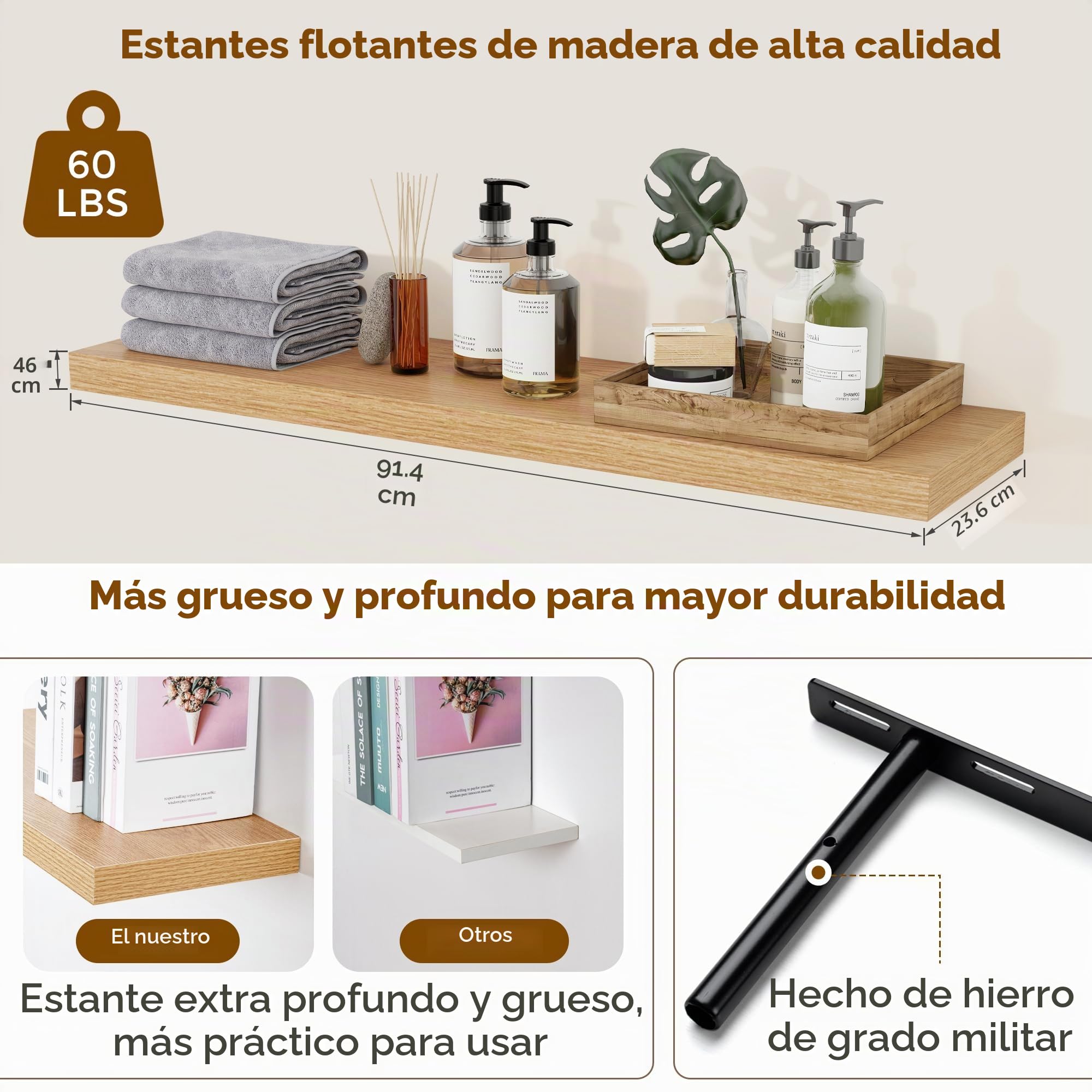 Estantes flotantes para pared, juego de 2 estantes flotantes de 90 cm de largo, estantes de pared de madera rústica grandes de 36 pulgadas con soportes invisibles para libros, sala de estar