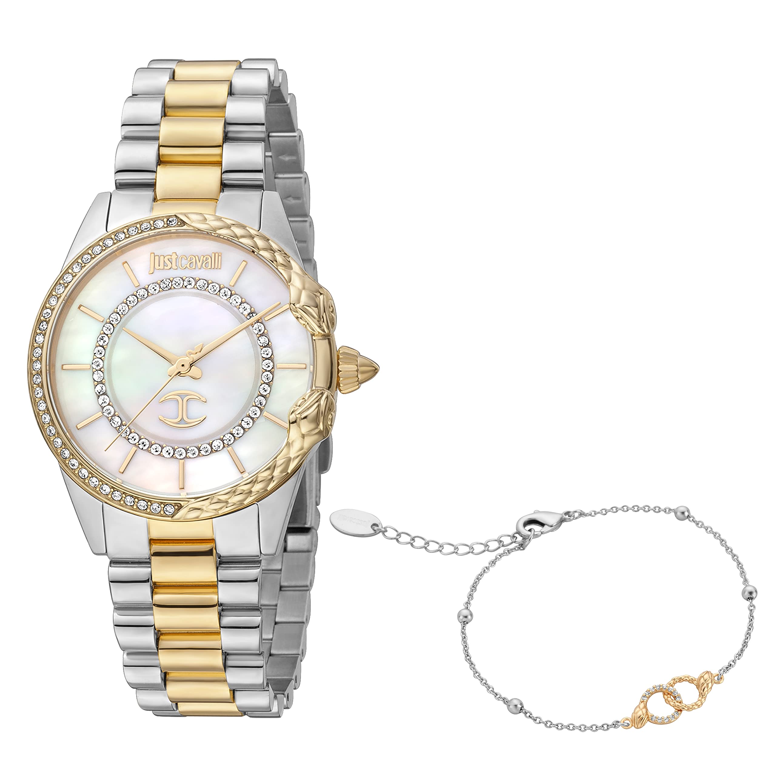 Just CavalliWomen's Catena Set Quartz Watch with Analog Display and Stainless Steel Bracelet JC1L095M0285SET, Silver/Gold, Bracelet