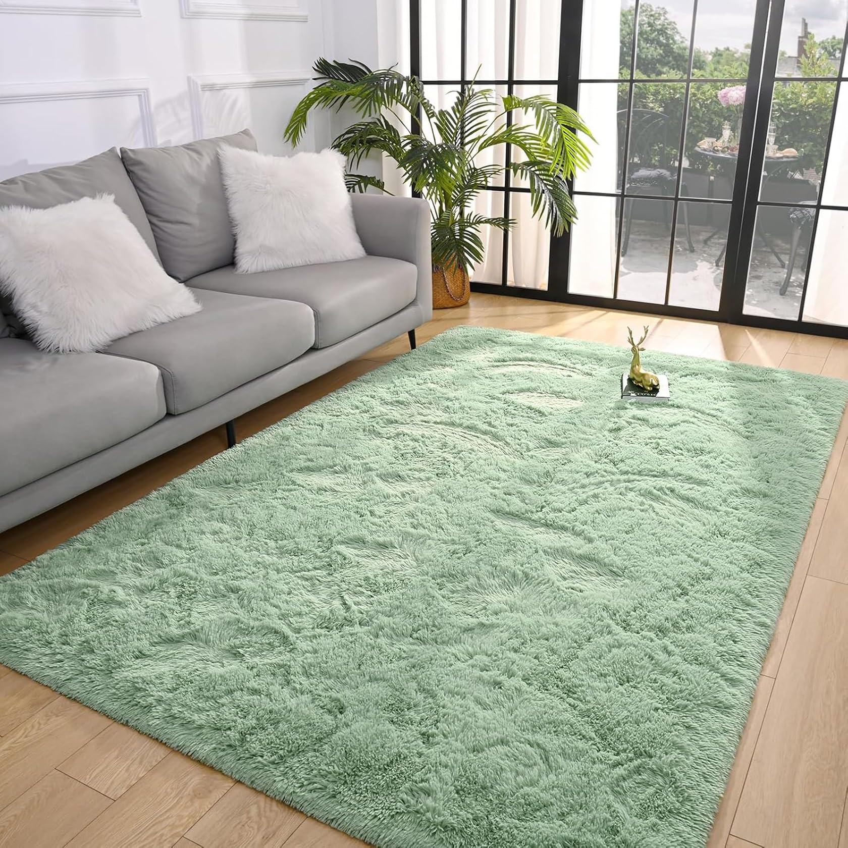 HOKXUAN Alfombra de Pelo Largo 200 x 270 cm Lavables y Antideslizante Alfombra Salon Peludo de Pelo Varios Tamaños para Dormitorio, Comedor, Pasillo, Verde