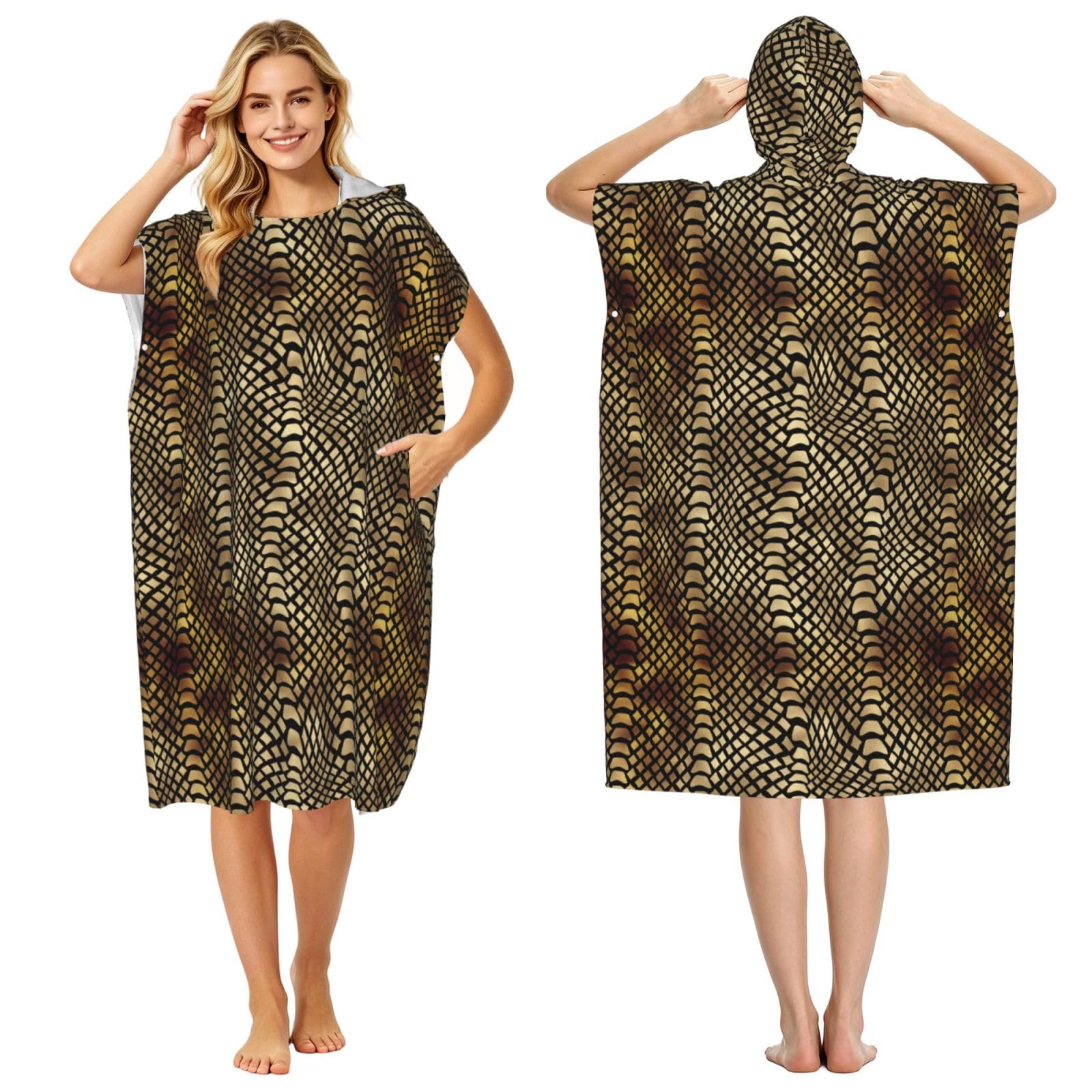 Poadnly Safari African Black Gold Python Animal Skin Sepia, Adult Hooded Beach Towel 90 x 110 cm,Changing Bath Robe, Surf Poncho Towel For Women Men