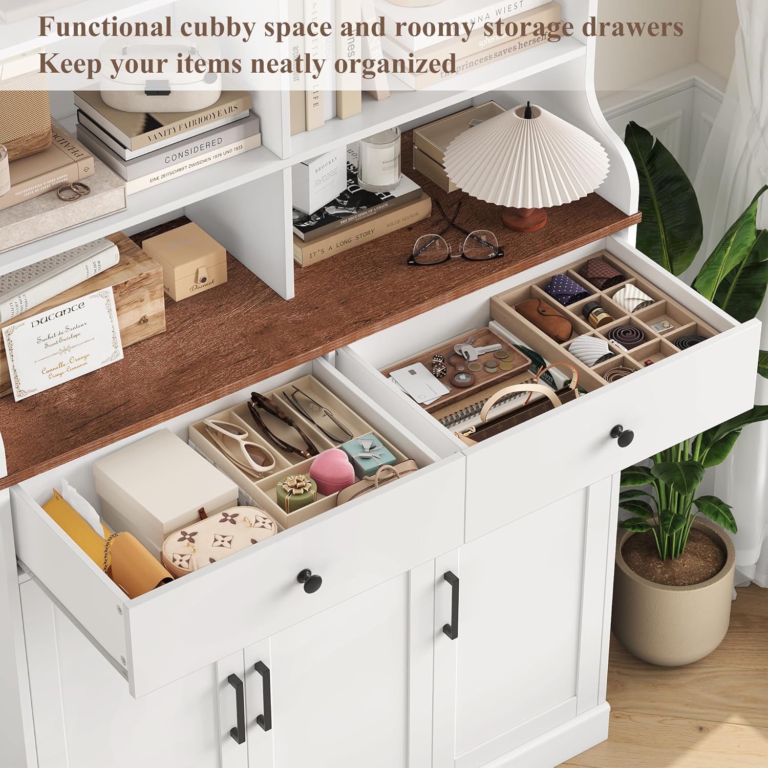 Keyluv 73" Tall Hall Tree with Shoe Storage, Entryway Cabinet with 5-Tier Angled & Flat Adjustable Shelves, Large Shoe Organizer with 6 Cubbies, 2 Drawers & 4 Hooks, Wood Hutch for Mudroom, White