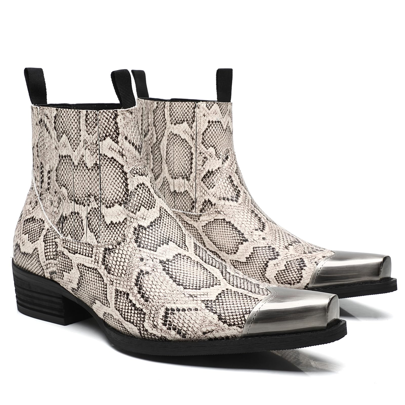 Men's Steel Toe Cowboy Boots Metal-Toe Cowboy Work Boots Python Print Exotic Leather Boots Low Top Pull-On Design Elastic Band Detail Versatile For Weddings Gatherings & Casual Wear