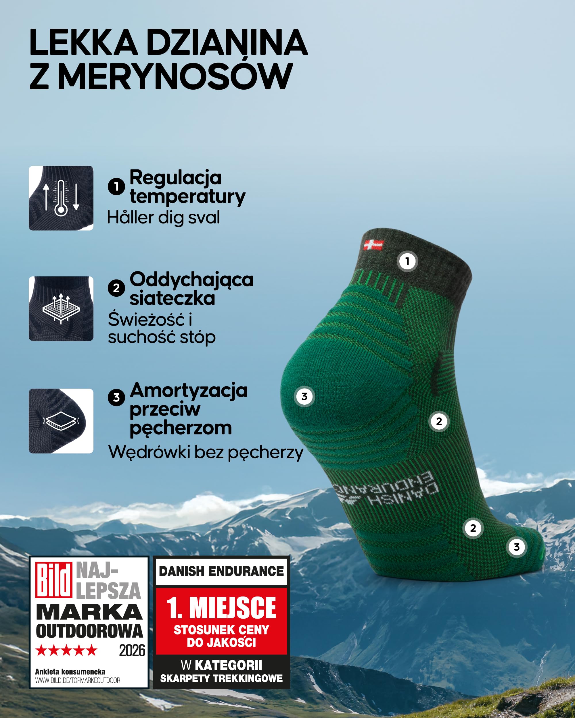 DANISH ENDURANCE Skarpety Trekkingowe Niskie z Wełny Merino, Oddychające Skarpety Turystyczne z Lekką Amortyzacją, dla Kobiet i Mężczyzn, 3-Pak
