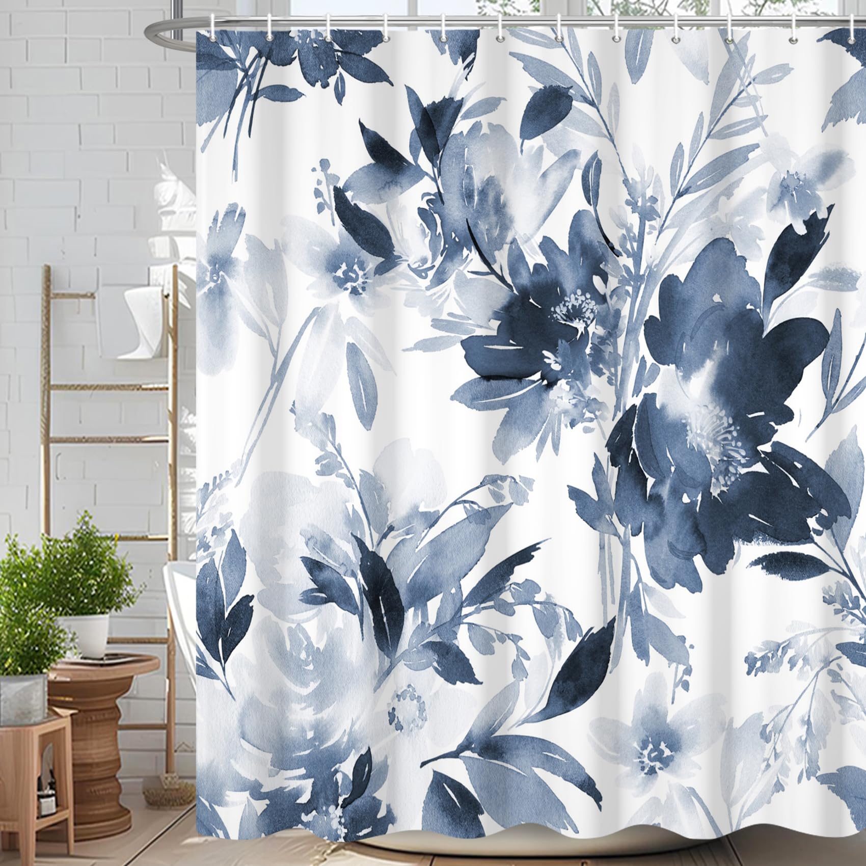 Velaequezii Navy Blue Floral Shower Curtain Ink Plant Blossom Watercolor Flower Printed Bath Curtain Waterproof Washable Fabric Bathroom Bathtub Decor