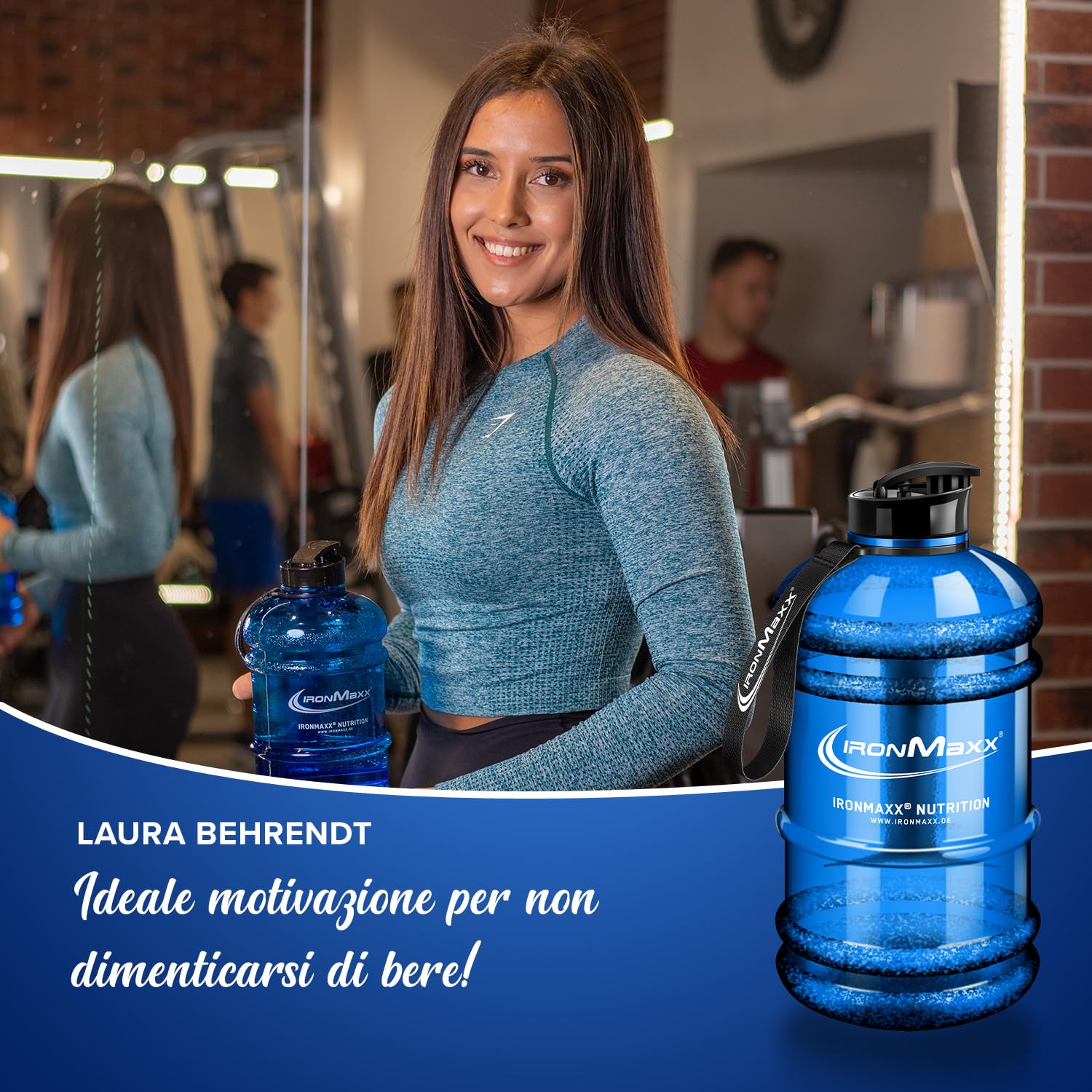 IronMaxx Water Gallon - Blue 2200ml | Senza BPA e DEHP | Borraccia ermetica con scala graduata | Disponibile in vari colori – perfetta per sport, lavoro e uso quotidiano
