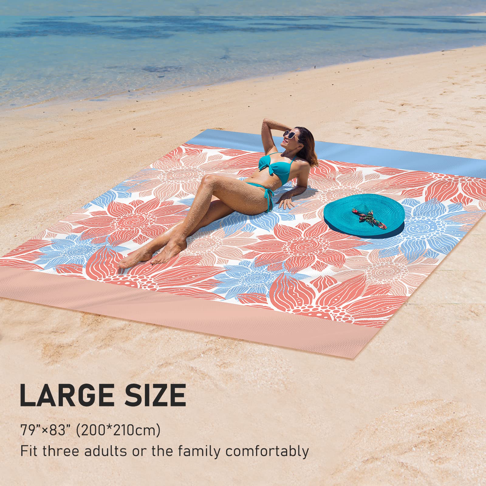 HIHOHO Koc plażowy, odporna na piasek, mata plażowa, 200 x 210 cm, dla 1-3 osób dorosłych, wodoodporna, szybkoschnąca, outdoorowa mata piknikowa z kieszenią, na podróż, kemping, wędrówki