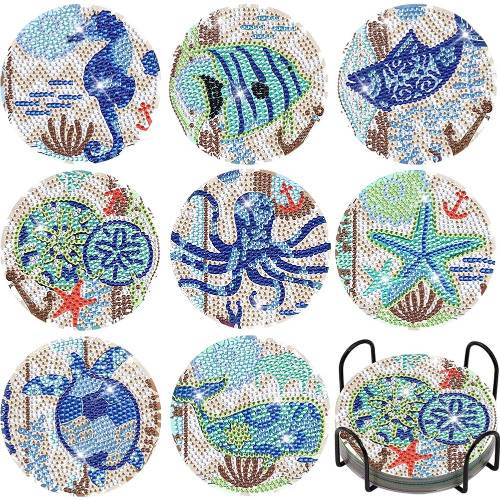 8Pcs Diamond Art Painting Coasters Kit For Adults–Summer Beach Drinks Coffee Cup Coasters With Holder,5D Gem Dots Painting Craft Set With Cork Backing,Creative Activity Home Decor (Marine Anima)