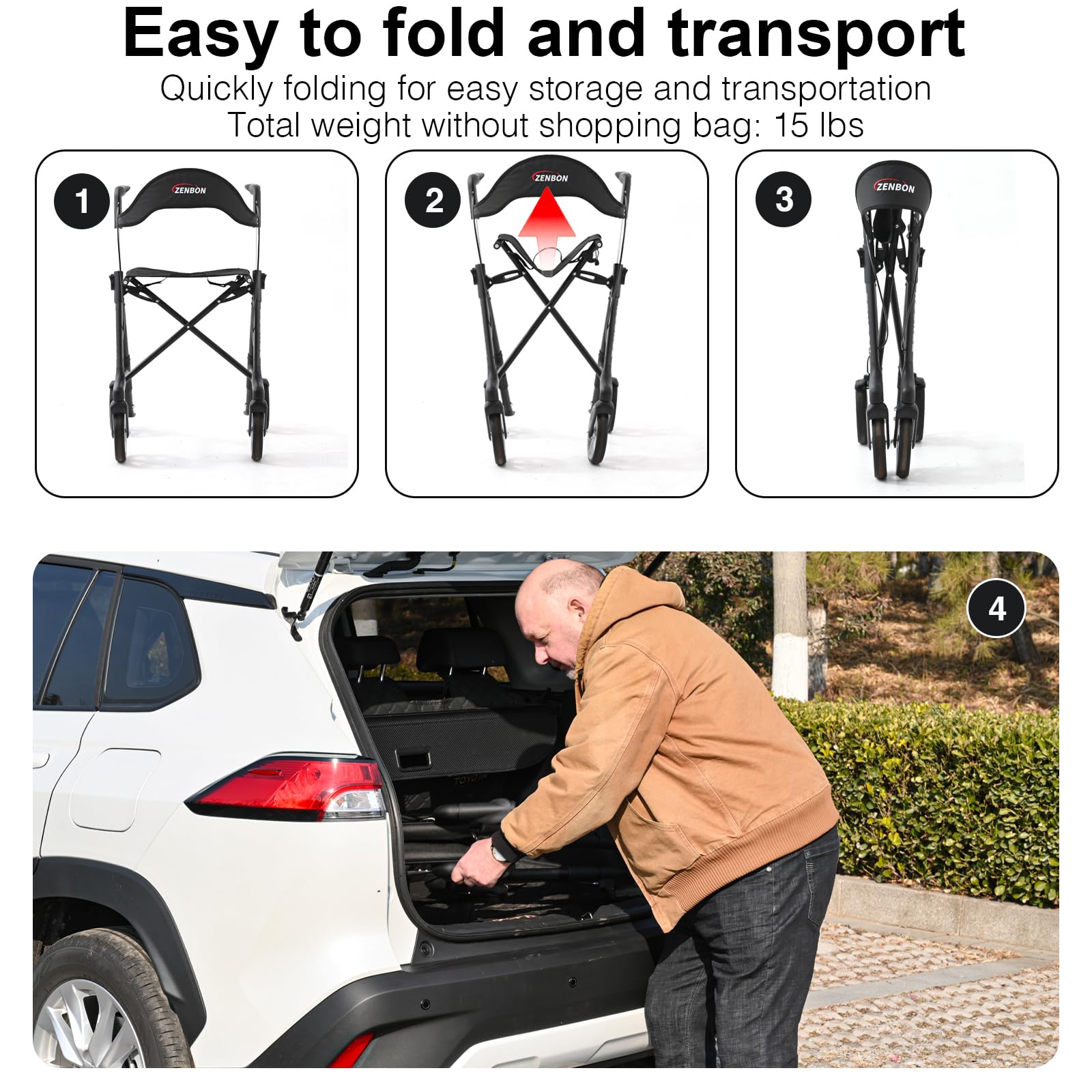 Deambulatore Leggero Pieghevole in Alluminio: Girello 4 Ruote Leggeri e Pieghevoli Speciali per Anziani - Rollator con Seduta Stretti per la Casa - Deambulatore con Funzione di Bloccaggio (Nero)