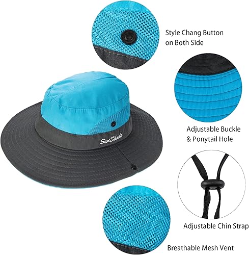 Miniatura 61 de Sombrero de pesca de playa de ala ancha para mujer, con protección UV, plegable, con agujero para cola de caballo