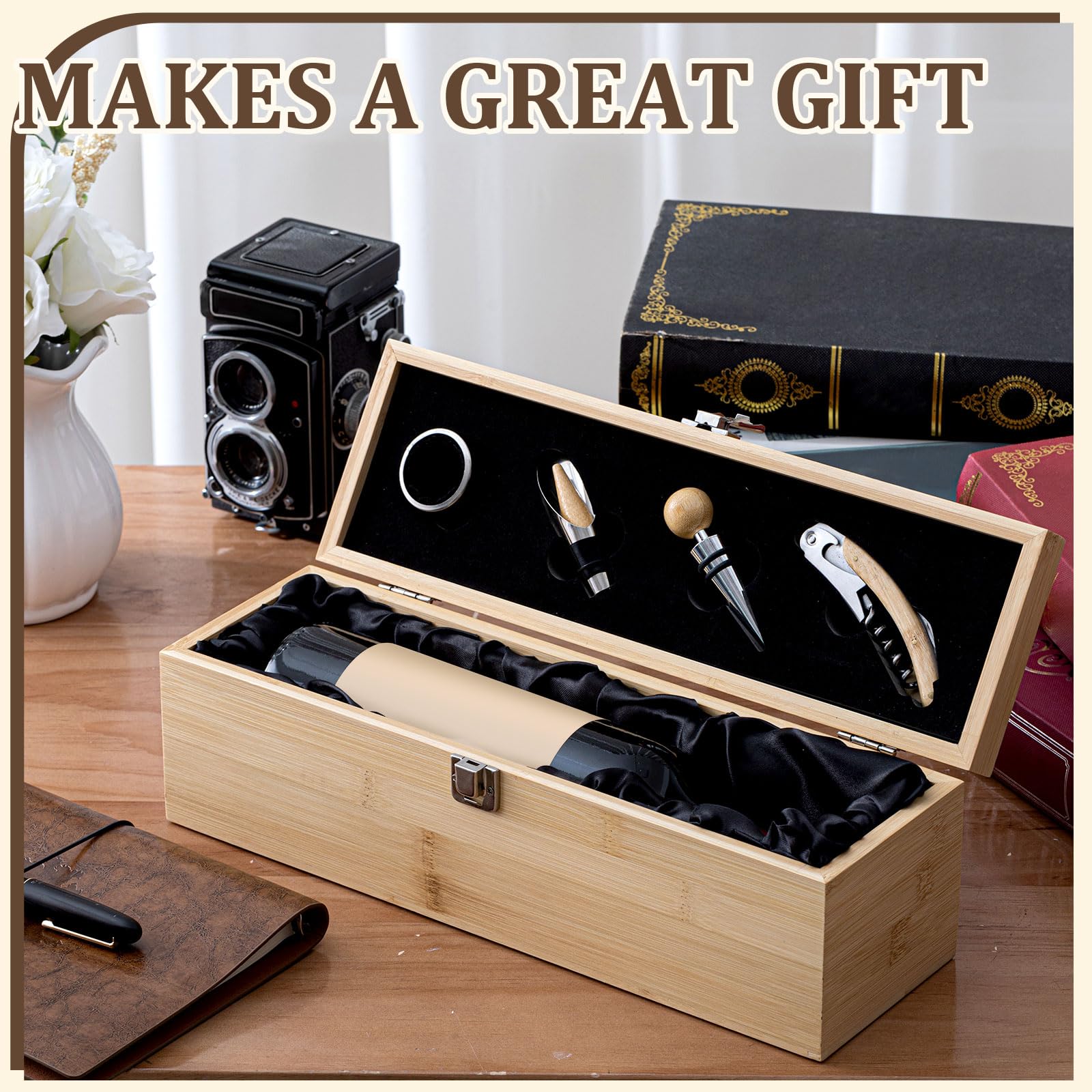 Cajas de regalo de vino de madera, caja de vino con juego de 4 accesorios, soporte de botella individual de madera retro, caja de regalo de Navidad, estuche de almacenamiento para amantes de 4