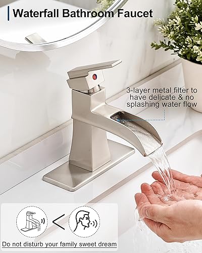 Miniatura 8 de Grifo de cascada, grifo de lavabo de baño negro de latón de 1 agujero o 3 agujeros (4 pulgadas) con un solo mango, drenaje emergente, mangueras de
