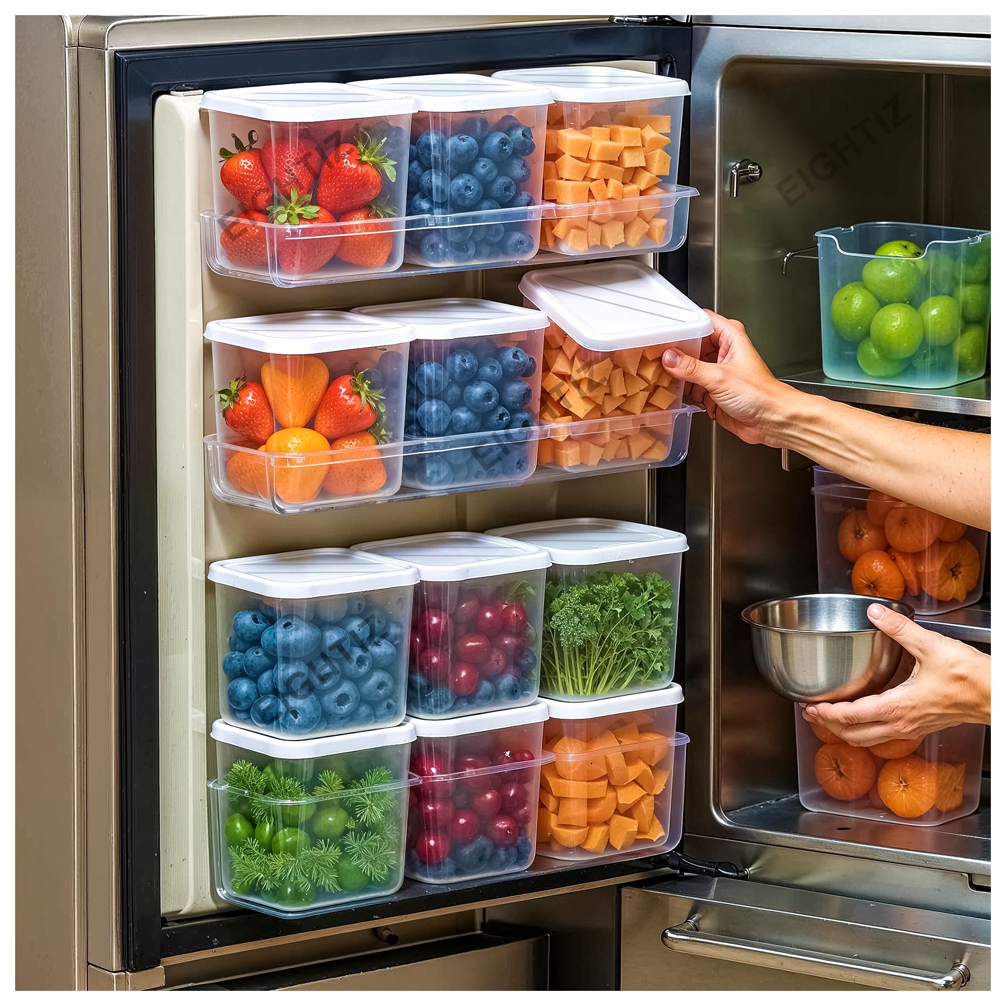 Eightiz Fridge Storage Boxes (Pack of 6) Freezer & Refrigerator Organizer Containers Kitchen Storage Container Set Kitchen Accessories Items for Home 800 ml Food Storage Box, Plastic, White