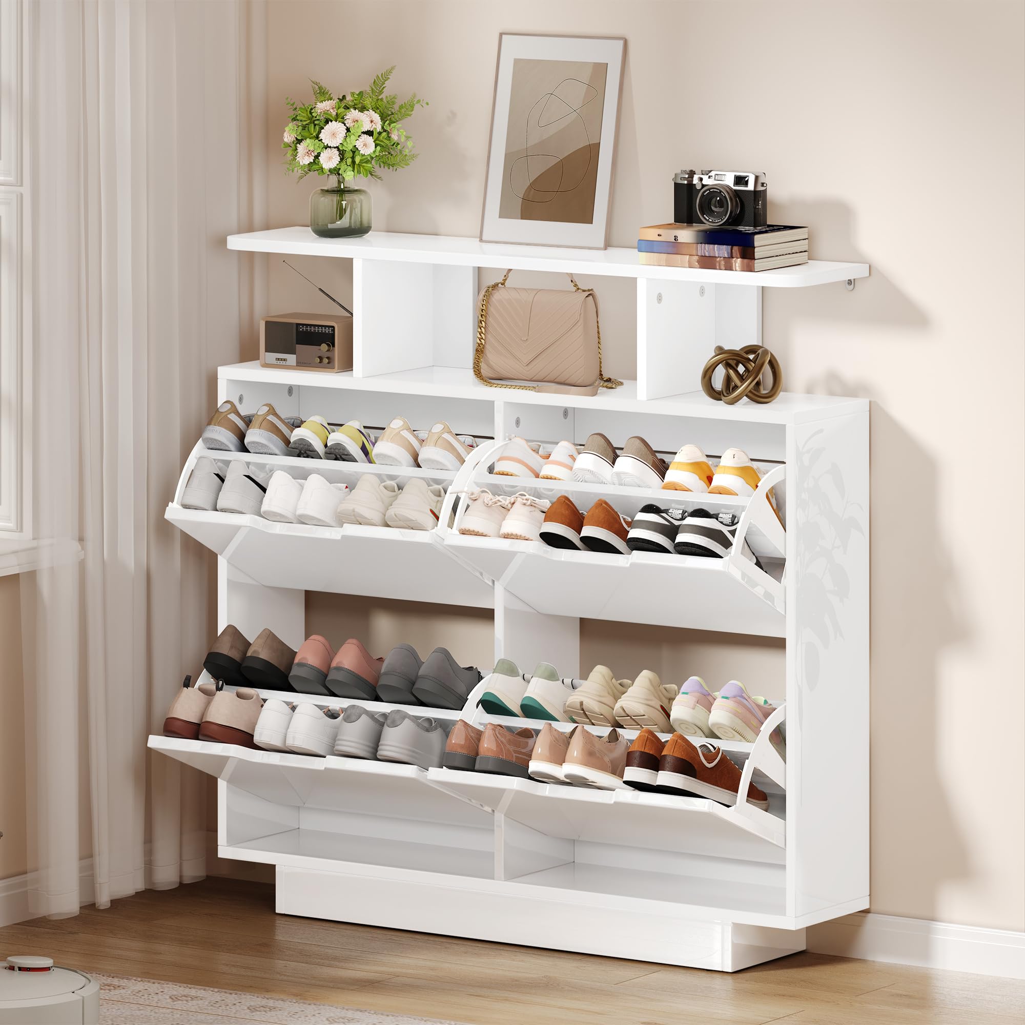 YITAHOME Schuhschrank Schmal Hochglanz mit 4 Klappen, 120 x 24 x 106 cm für 16-24 Paar, Schuhschrank Weiss, Schuhkipper, Schuhkommode im Flur, unterschiedliche Fachhöhen (37/43 cm), Platzsparend