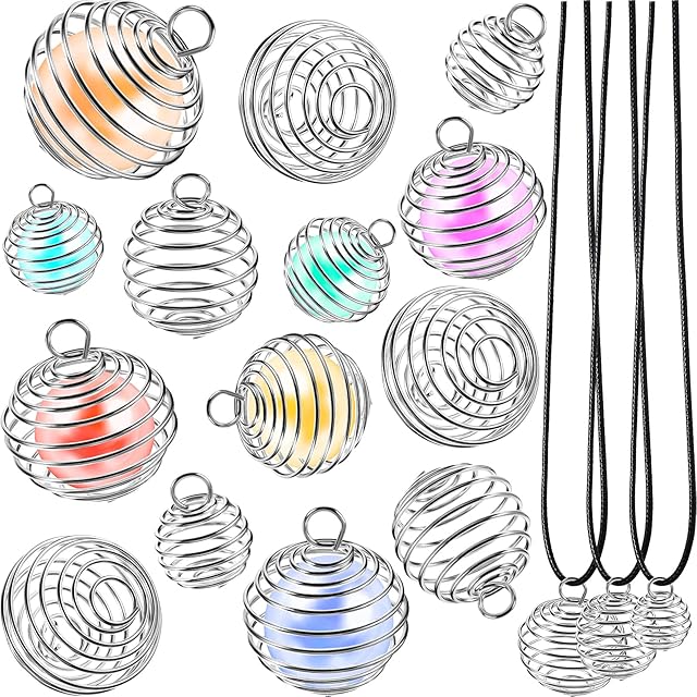 60 Pieces Spiral Bead Cages Pendants Necklace Cord Set Includes 45 Pieces 3 Sizes Stone Holder Necklace Cage Pendants Hollow Lantern Ball Charm 15 Pieces Wax Necklace Cords for Jewelry Making (Silver)