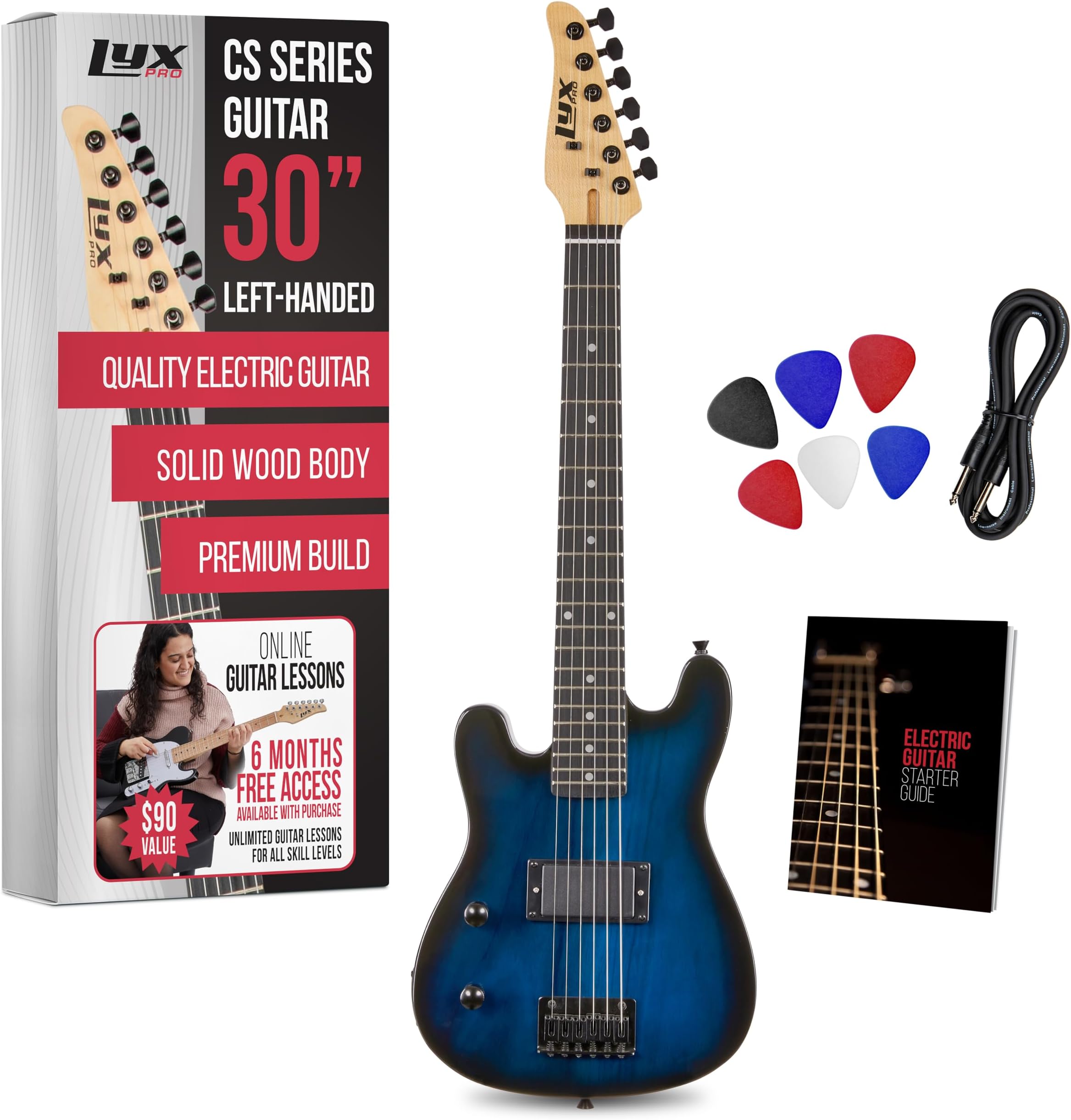 LyxPro CS 30” Left Hand Electric Guitar Kit for Beginner, Intermediate & Pro Players with Guitar, Amp Cable, 6 Picks & Learner’s Guide, Solid Wood Body, Volume/Tone Controls, 5-Way Pickup - Blue