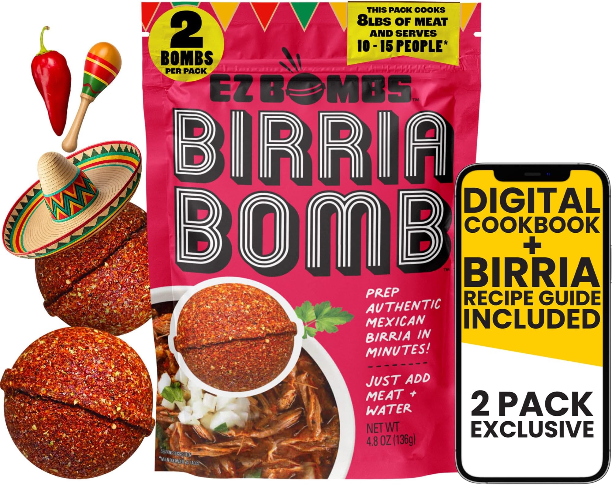 EZ Bombs Birria Bomb Seasoning, Pack of 2 – Authentic Mexican Spice Mix + Exclusive Digital Recipe Guide — Perfect for Tacos, Burritos, Nachos & Quesadillas – Made with Real Chiles, Herbs & Spices