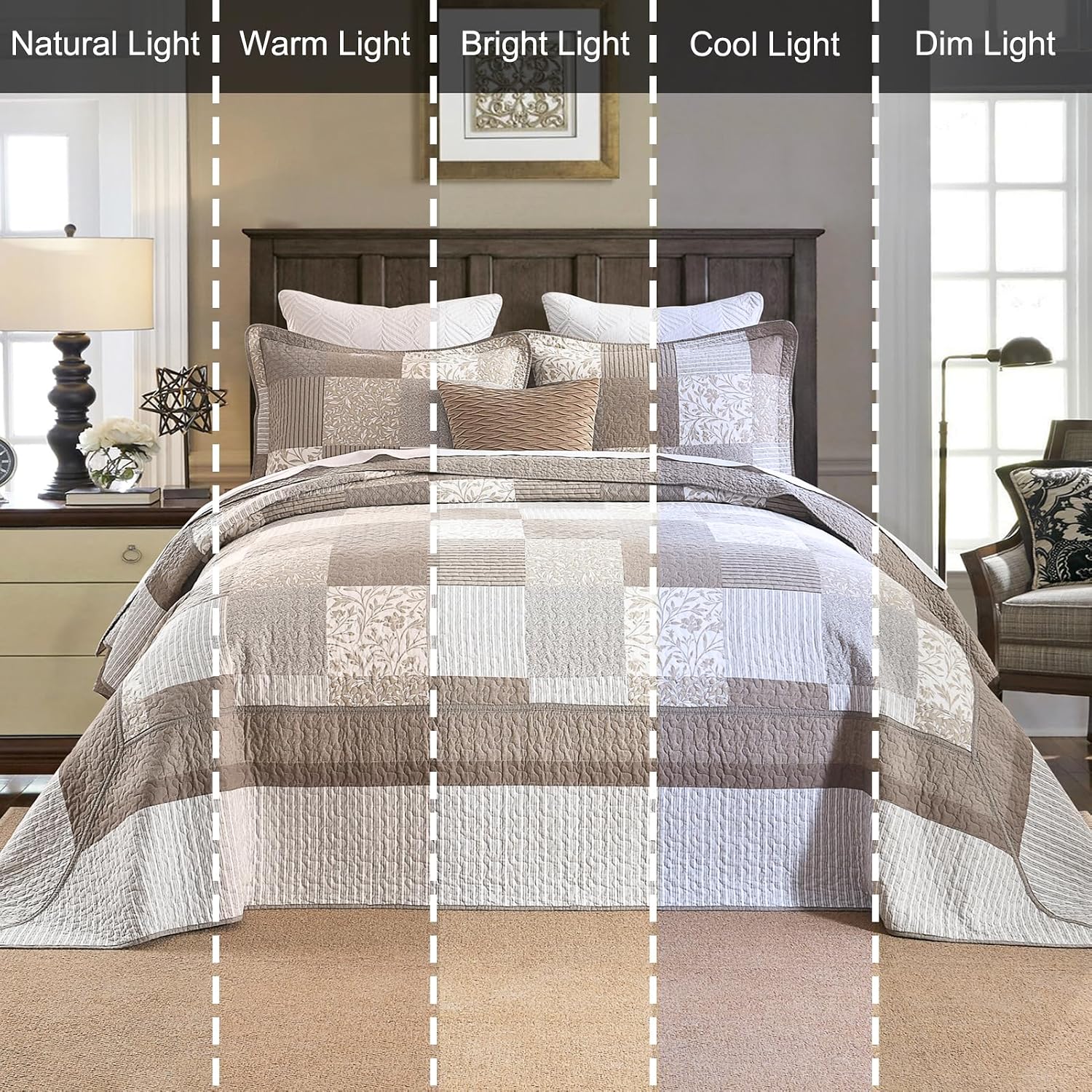 100% Cotton Oversized California King Bedspread 120"x120" Extra Wide Quilt - 3 Pieces Farmhouse Patchwork Plaid Bedspread Set, Lightweight Reversible Bedding Coverlet Set, Brown/Gray/Beige