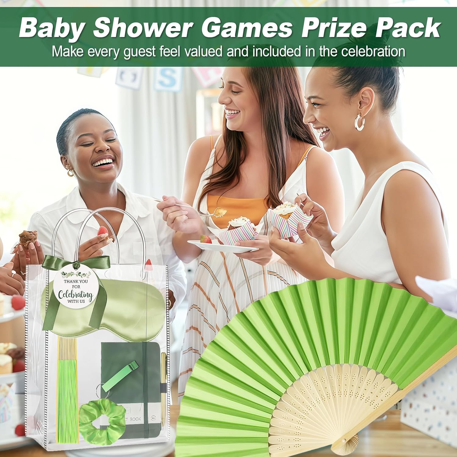 6 Set Summer Baby Shower Prizes Gift for Guest, Green Folding Fan Party Favor Set Thank You Gift with Notebooks, Ballpoint Pen, Eye Mask for Baby Shower Bridal Shower Wedding Party Game Activities