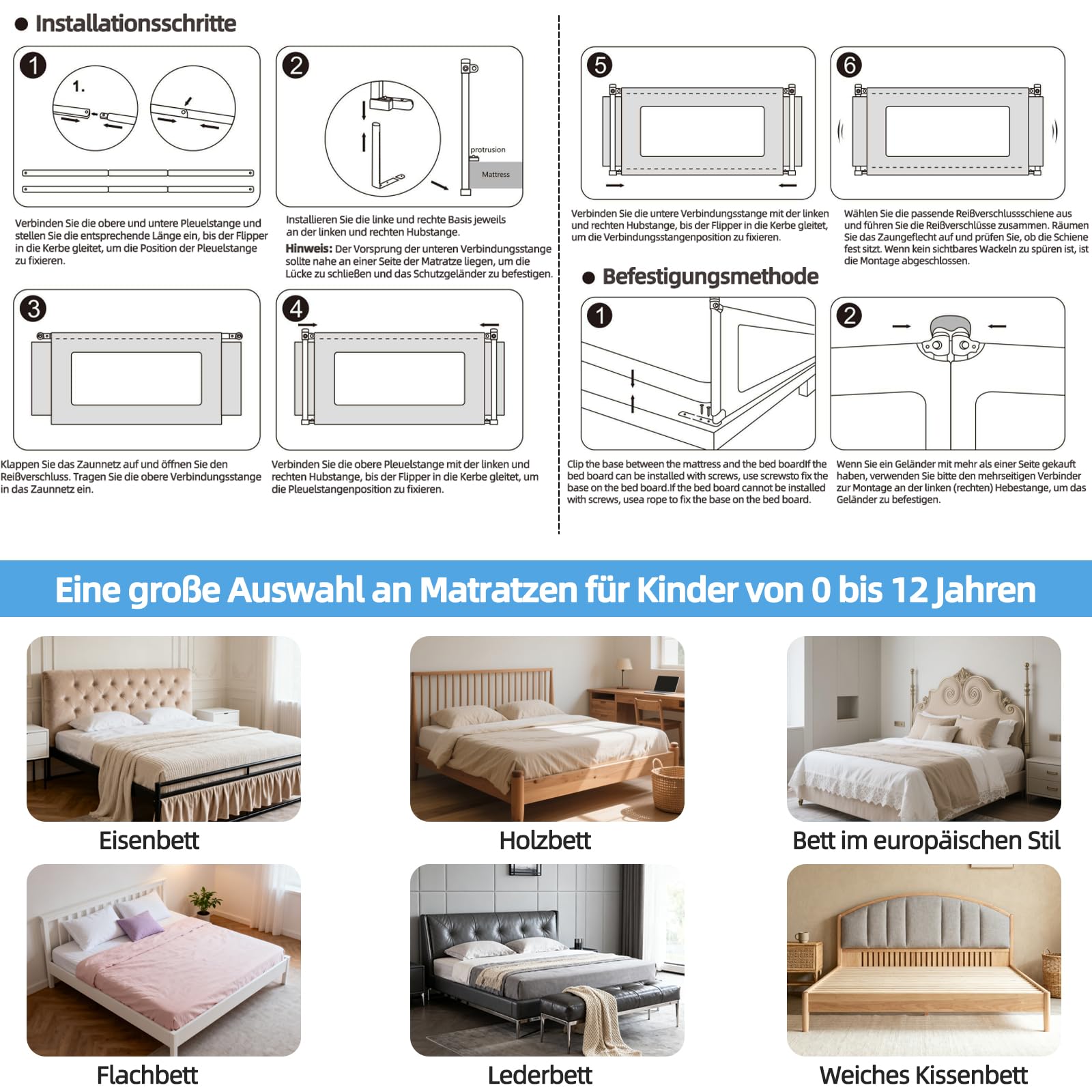 OUUTMEE Barrera de seguridad para cama de 200 cm, plegable, 30 alturas, altura regulable, diseño de bloques de color gris y blanco