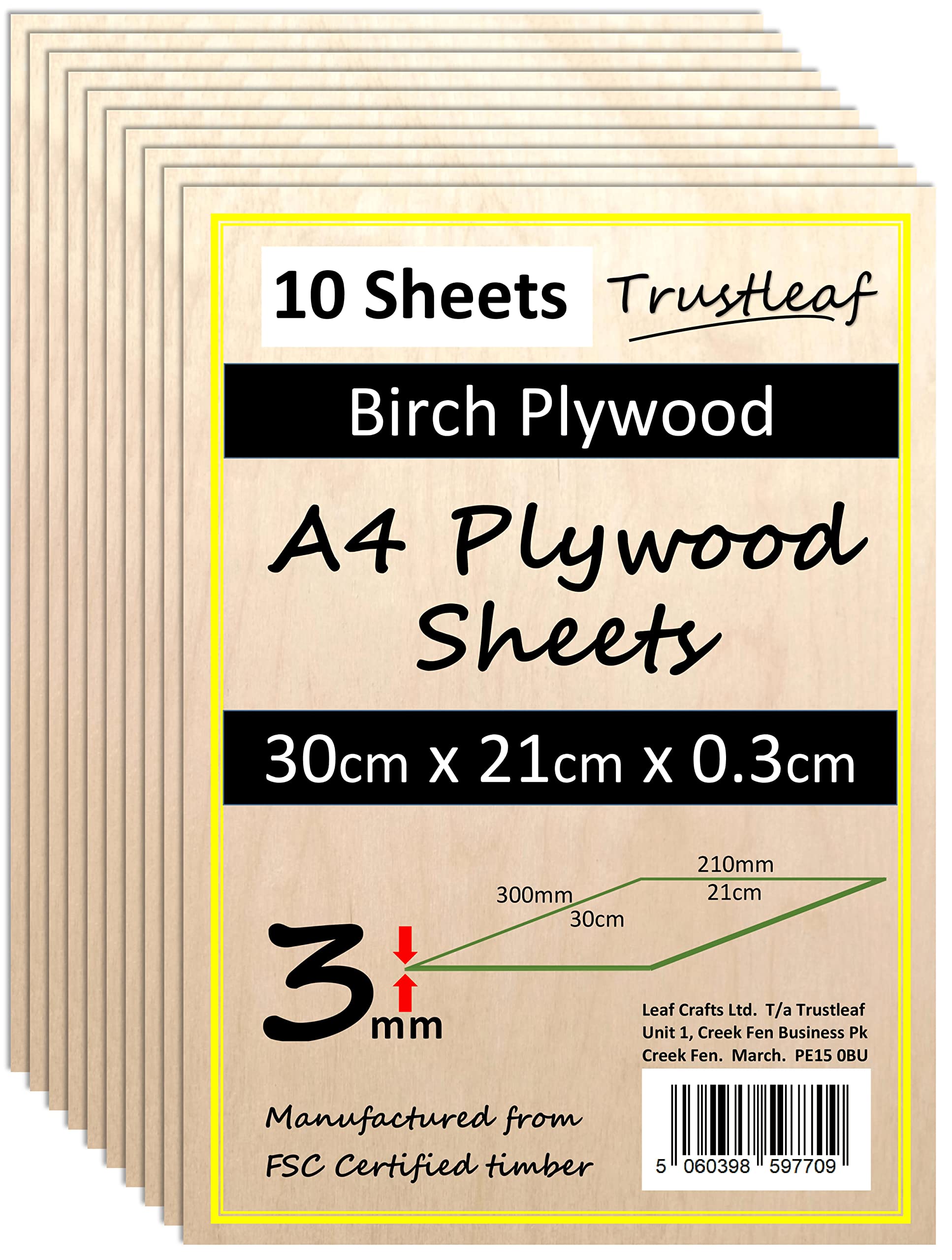 Trustleaf 3mm Birch Plywood A4 - 300 x 210 x 3 mm - Pack of 10 - Suitable for Laser Cutting, Low Smoke, E1 Glue