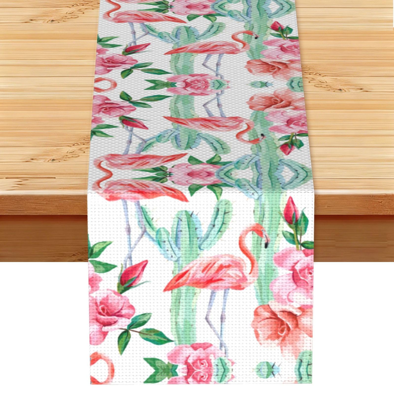 Cactus Flamingo Rose Flowers Printed Kitchen Table Runner 13x72, Faux Linen Style Decor for Home Wedding Banquet Fireplace