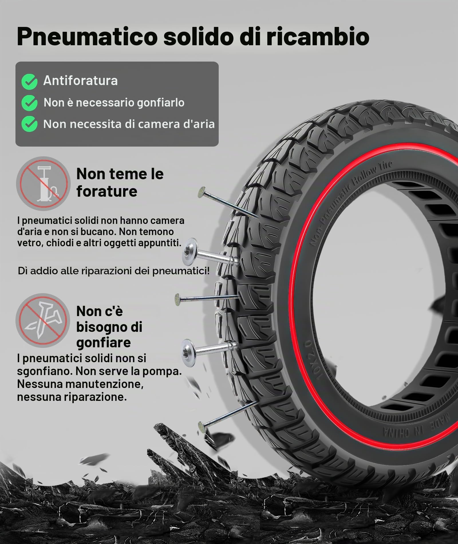 SYACHI 10x2 Ruota Offroad Elettrico,Pneumatico in Gomma Piena, Tubeless Ruote di Ricambio Anteriore/Posteriore a Prova di Foratura,10x2,0 Pollici Pneumatici Scooter, 2PC