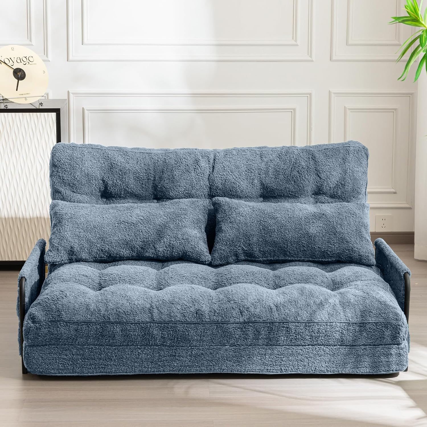 MAXYOYO Adjustable Floor Sofa Couch with 2 Pillows, 5-Position Boucle Bean Bag Bed, Convertible Lazy Sofa Sleeper Bed with Armrest, Versatile Floor Seating Sofa for Living Room, Dusty Blue, Double Full Dusty Blue
