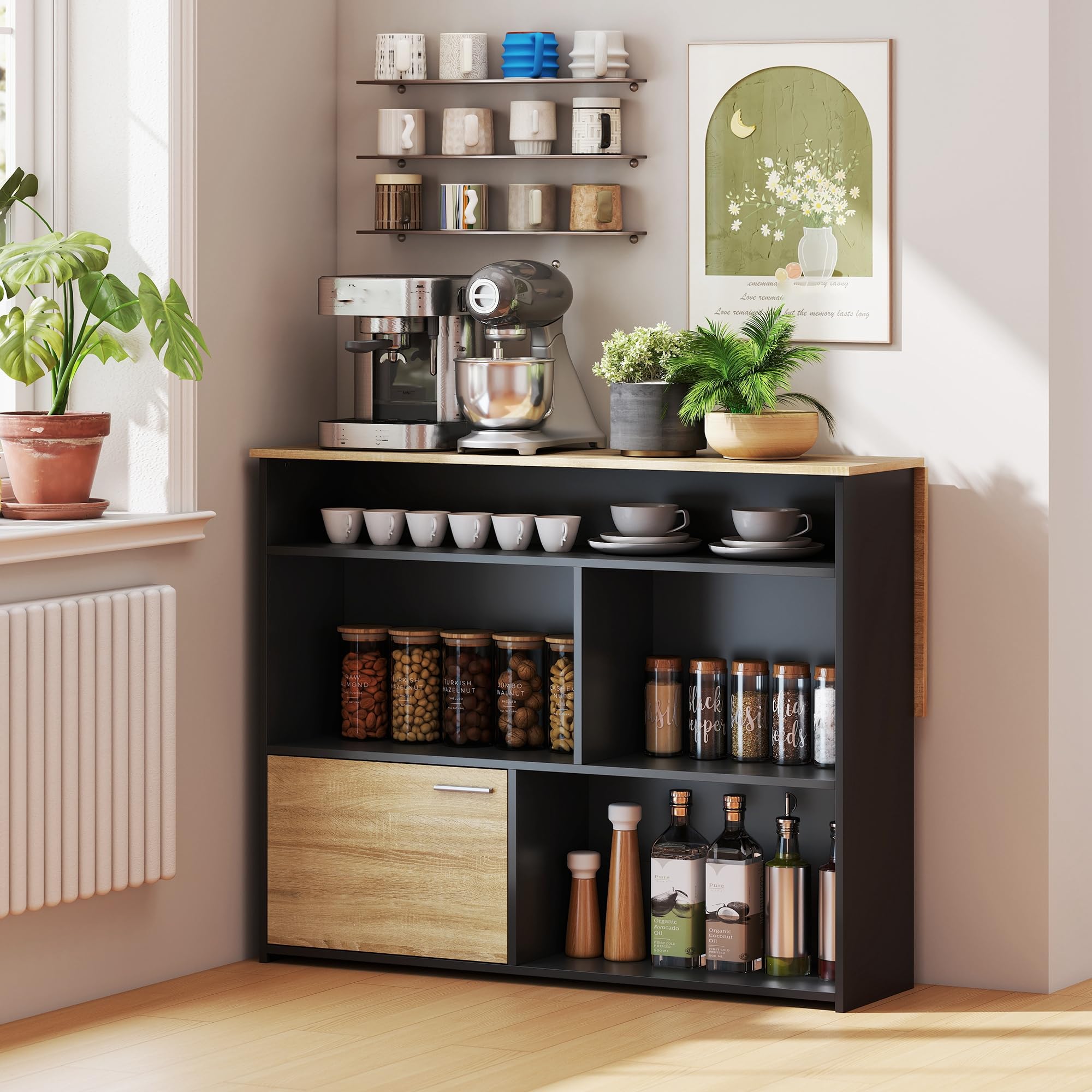 HOMCOM Table de Bar Extensible avec abattant, Table Haute Cuisine, 1 Placard à Porte et 4 Compartiments Ouverts, Style Moderne, pour Petits espaces, Salle à Manger, Salon, 116 x 79,6 x 90,5 cm, Noir