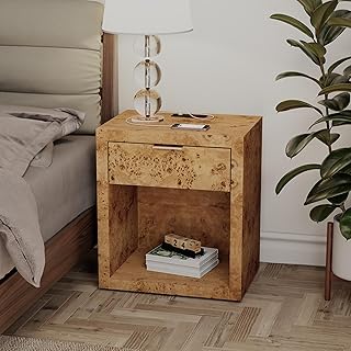 COZAYH Burl Finish Nightstand with Charging Station and Open Shelf, Farmhouse Bedside Table with USB & Type C Ports, Power Outlet, Vintage Accent Wood Storage, Fully Assembled, Natural