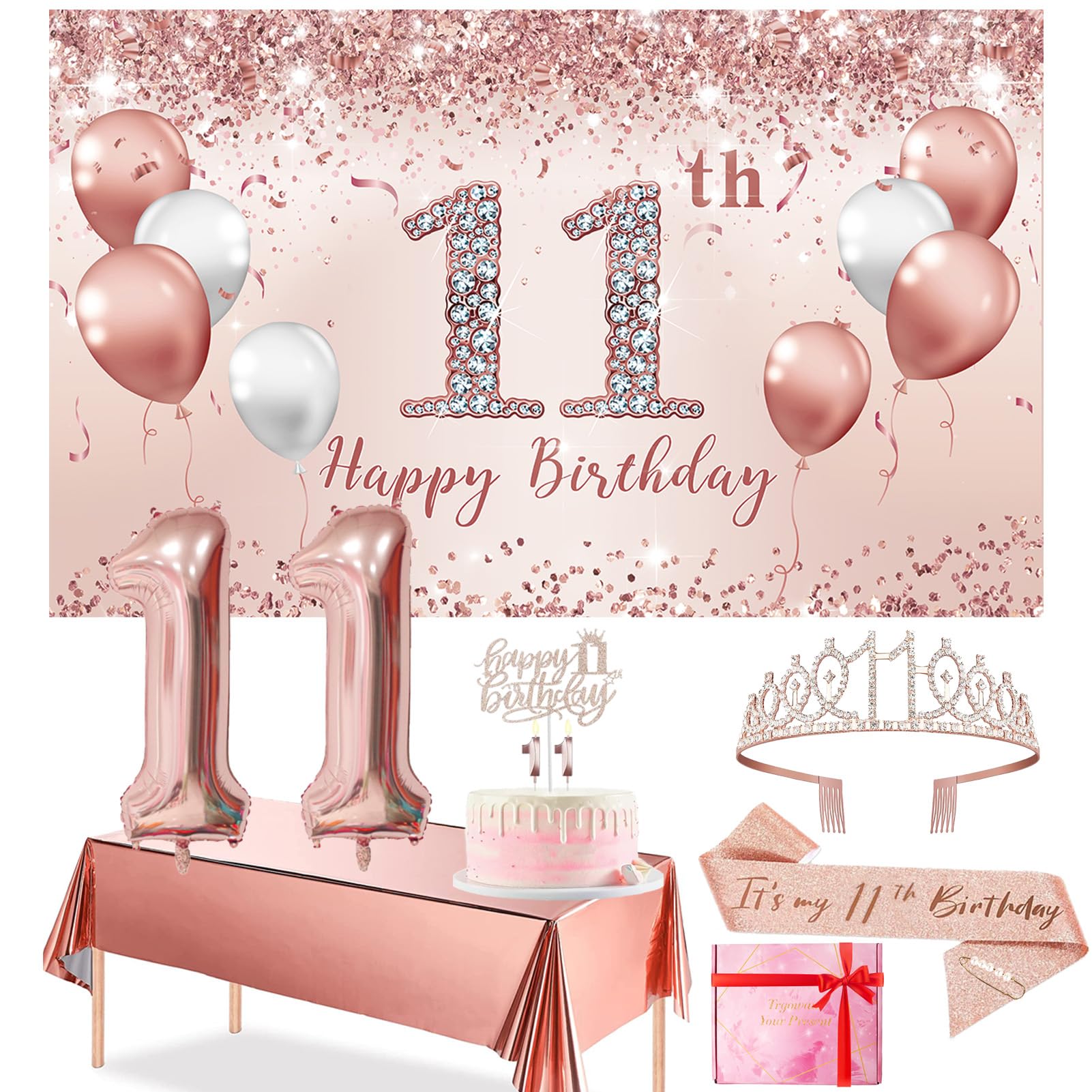 Trgowaul 11th Birthday Decorations Party Set for Girls, Rose Gold 11 Birthday Banner and Tablecloth, 11& Fabulous Sash and Tiara, 1PC Happy 11th Birthday Cake Topper, Pink Gold 11 Number Balloons