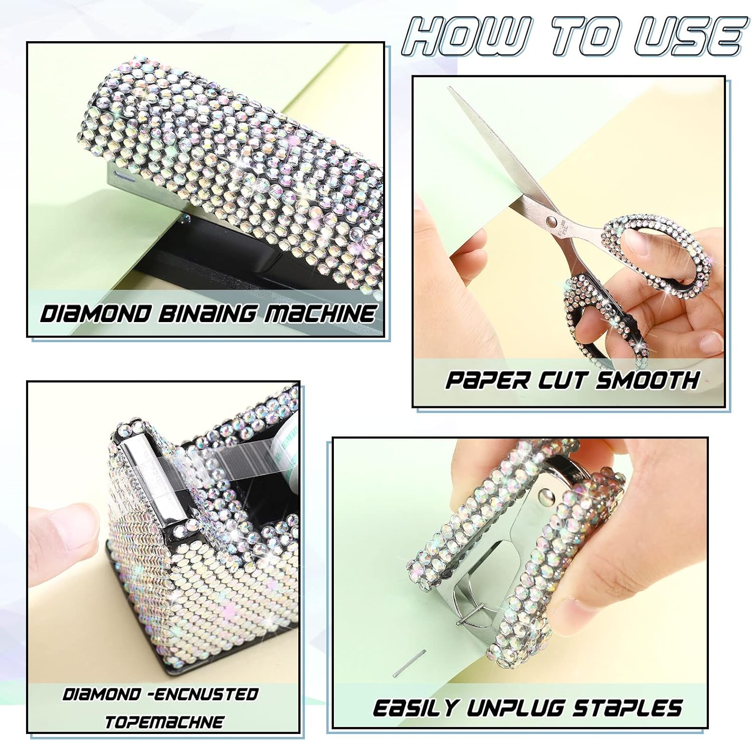 Teling 10 Pcs Bling Office Accessories for Desk Bling Crystal Office Supplies Set Desk Accessory Kit Glitter Stapler Staple Remover Tape Dispenser Diamond Pen Scissors for Women Home(Silver)
