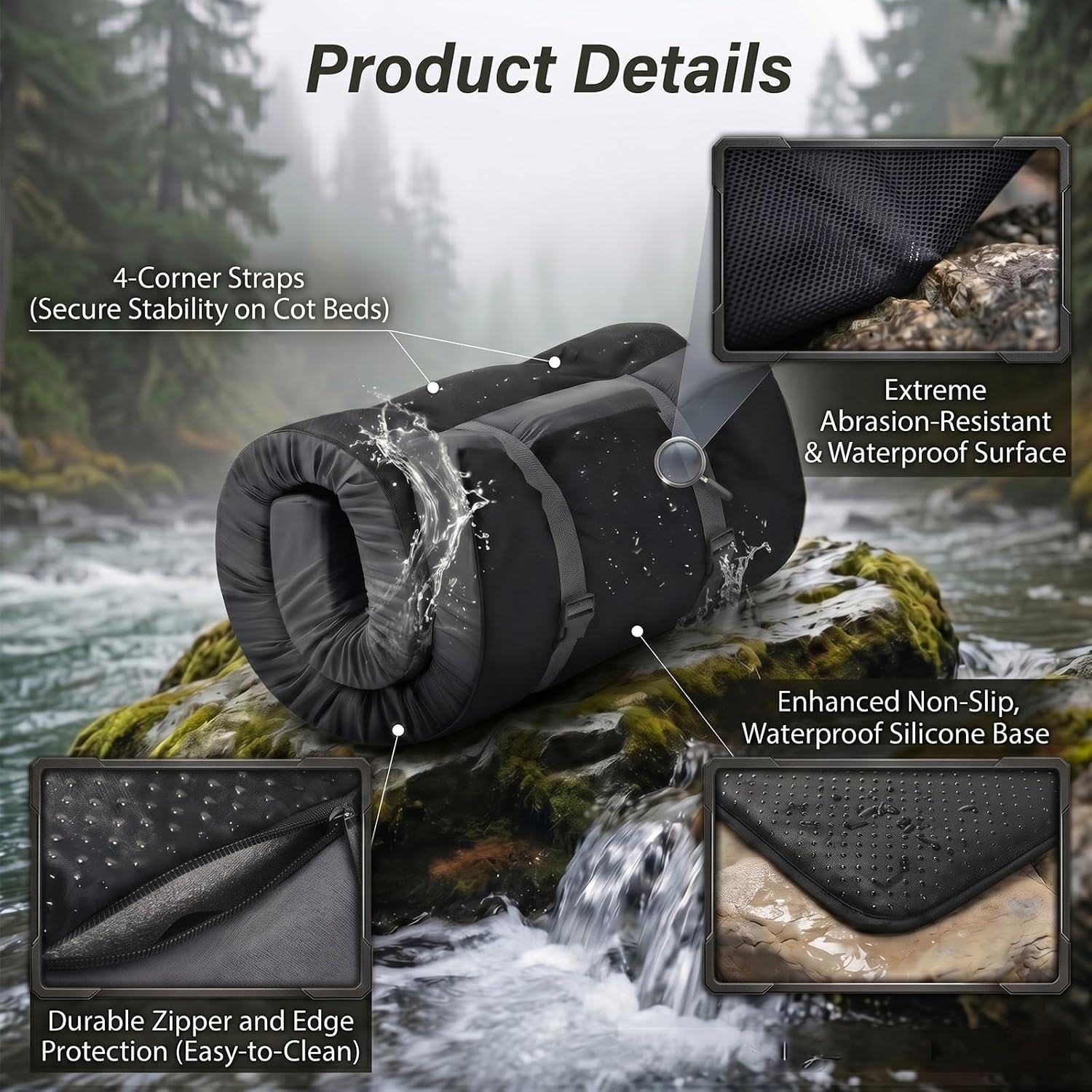 Camping Mattress Pad, 3 Inch Memory Foam Camping Mattress with Non-Slip Bottom & Washable Cover, Portable Roll Up Floor Camping Mat, Camping Sleeping Pad for Adults, Car Bed with Travel Bag