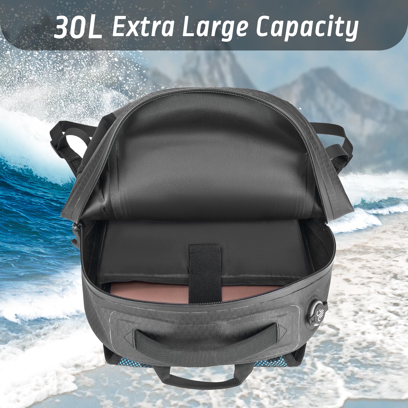 Trudave Wasserdichter Rucksack, schwimmende TPU-beschichtete Trockentasche mit luftdichtem Reißverschluss für Kajak, Angeln, Bootfahren, Wandern, Schwarz, 30L, Wasserdichte Tasche