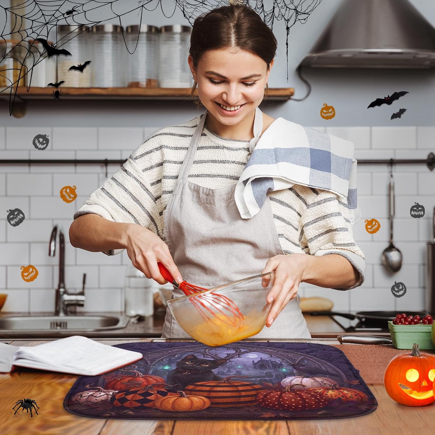 Sanwarm Absorbent Dish Drying Mat for Kitchen, 16" x 18" Halloween Pumpkin