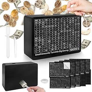 Meetory 木製貯金箱 10000 現金保管庫 木製貯金箱 10000ドル 貯蓄目標10個付き ブラック ワンピース 木製貯金箱 カウンター付き 男の子 女の子 キッズ ギフト