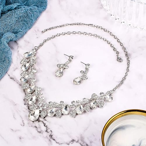 Miniatura 2 de BriLove Juego de collar y pendientes colgantes de cristal para mujer diseño de lágrimas hojas y vides esmaltadas
