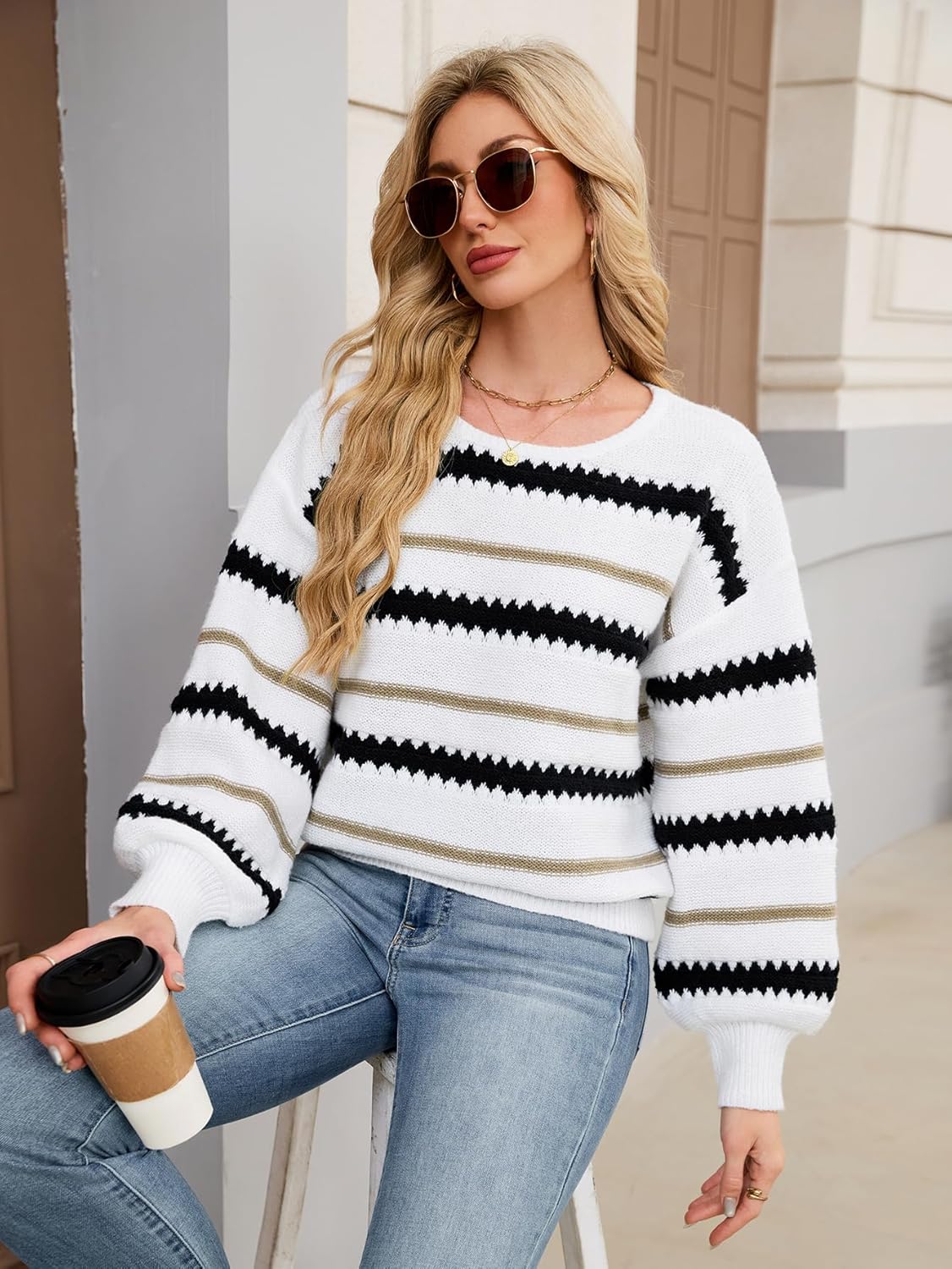 Womens Oversized Cute Striped Sweater Fall 2025 Trendy Ladies Dressy Casual Chunky Knit Pullover Jumper Top - Image 6