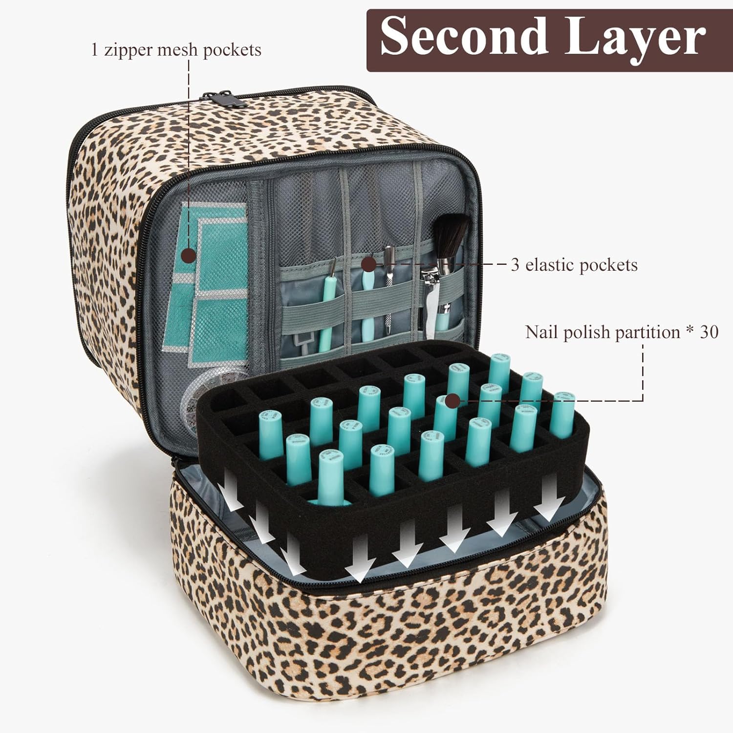 Nail Polish Organizer Aesthetic Nail Organizers and Storage, Bow Nail Supplies Kit Organizer Travel Carrying Case for Manicure Tools (Leopard A, 2 Layer)