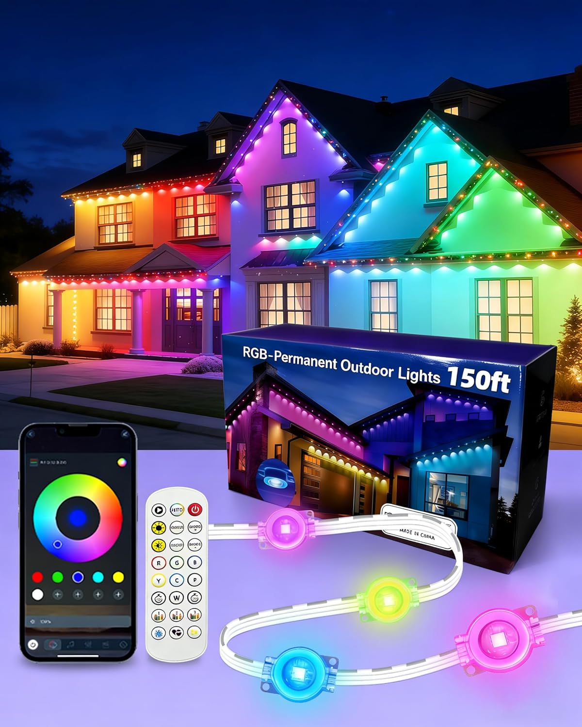 oneup 150FT Permanent Outdoor RGB Lights, Smart Rainbow Christmas Light with App/Remote Control,Waterproof,16M Colors, LED Eaves Lights for House Roof Garden Christmas Party Decor