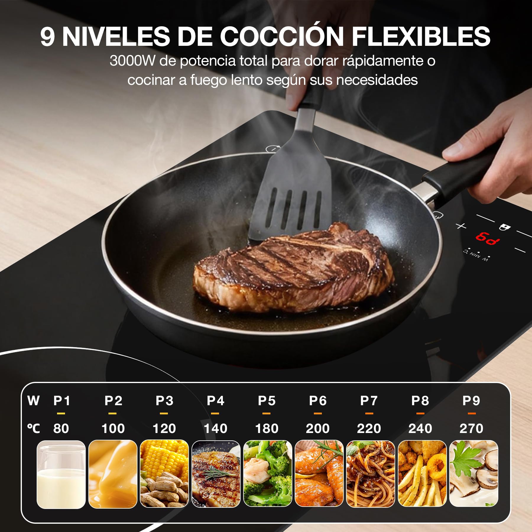 Placa de Inducción 2 Fuegos 3000W, Placa de Cocción Eléctrica 220-240V 51cm con 9 Niveles de Potencia y Temperatura, Temporizador & Indicador de Calor Residual - Encastrable o de Sobremesa