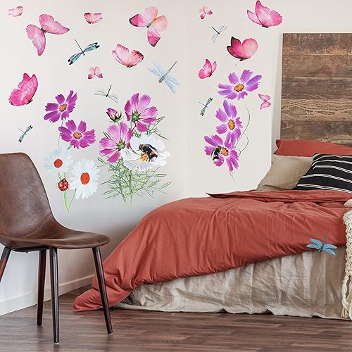 Miniatura 9 de Calcomanías de pared de flores mariposas crisantemos libélulas calcomanías de pared para despegar y pegar arte de pared extraíble de PVC para