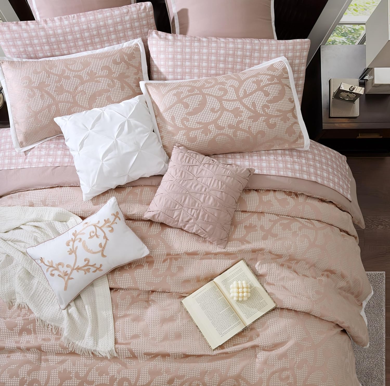 Grand Avenue Blush Paisley Comforter Set King Size, 14 Piece, Jacquard Bedding Sets & Collections,1 Flat Sheet,1 Fitted Sheet, Pillow Shams Bedskirt
